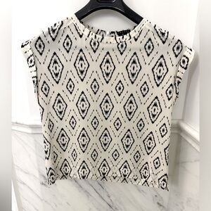 Theory Cream and Black Geometric Silk Sleeveless Top